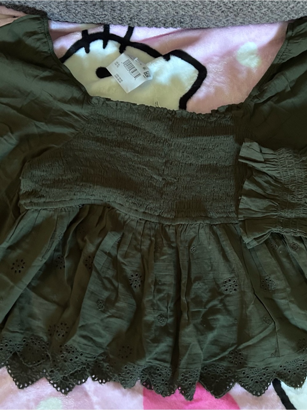 American Eagle Outfitters Olive Green Smocked Eyelet Peasant Top - Picture 3 of 6